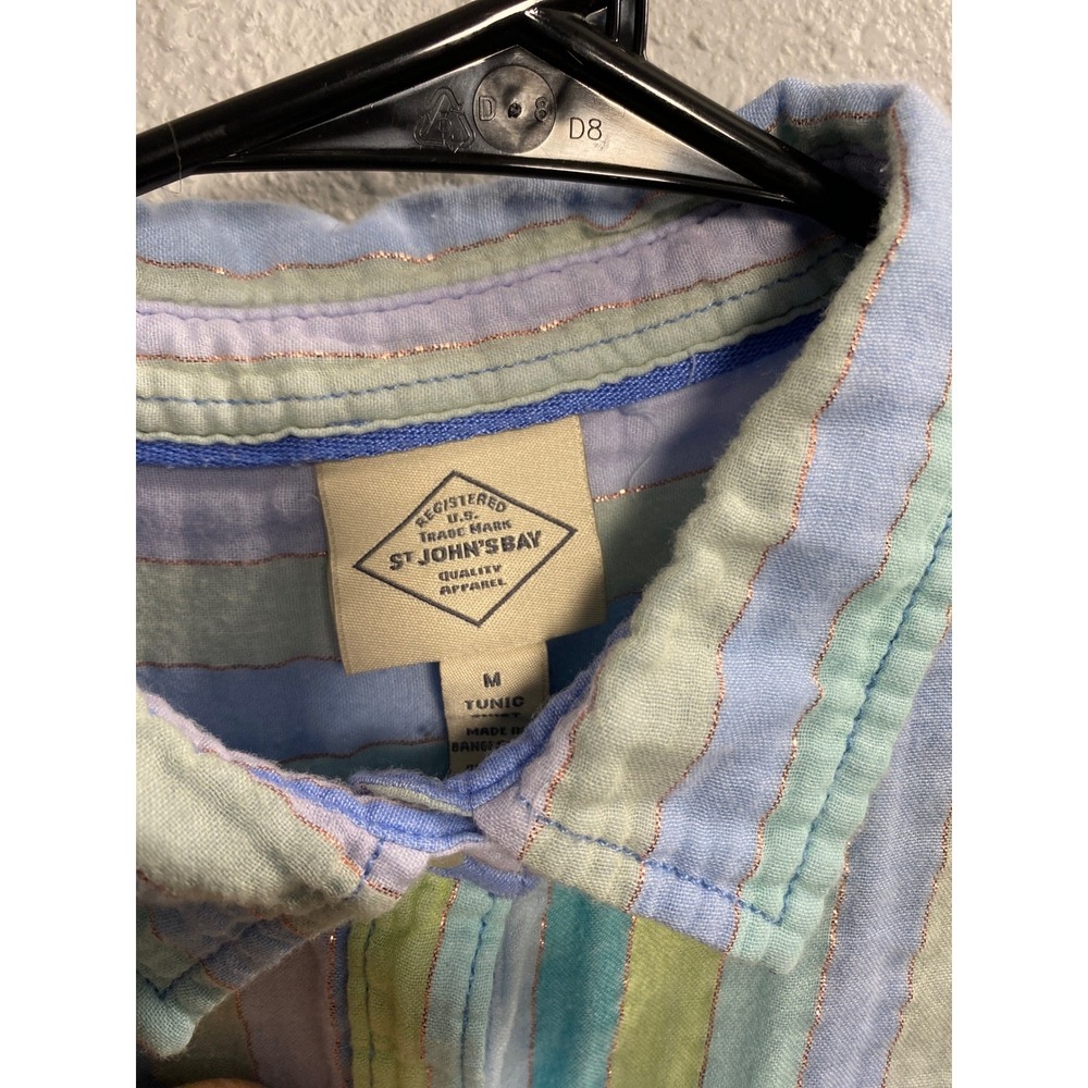 St Johns Bay Womens Medium Tunic Shirt Pastel Stripe Metallic Gauze Roll Tab L/S - Picture 3 of 4